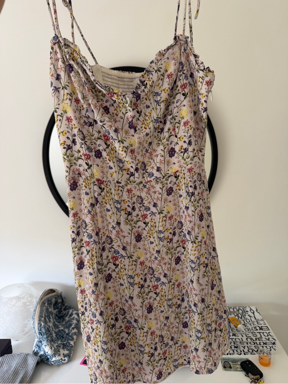 Aritzia Tie-Strap Mini Dress in Cream with Multi-Color Floral Print - Picture 2 of 2